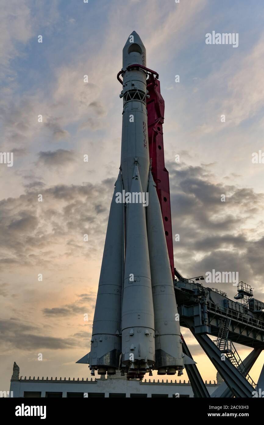 Moscow, Russia - July 22, 2019: Model rocket 'Vostok' at Exhibition of Achievements of National Economy. Actively was used in the USSR. Stock Photo