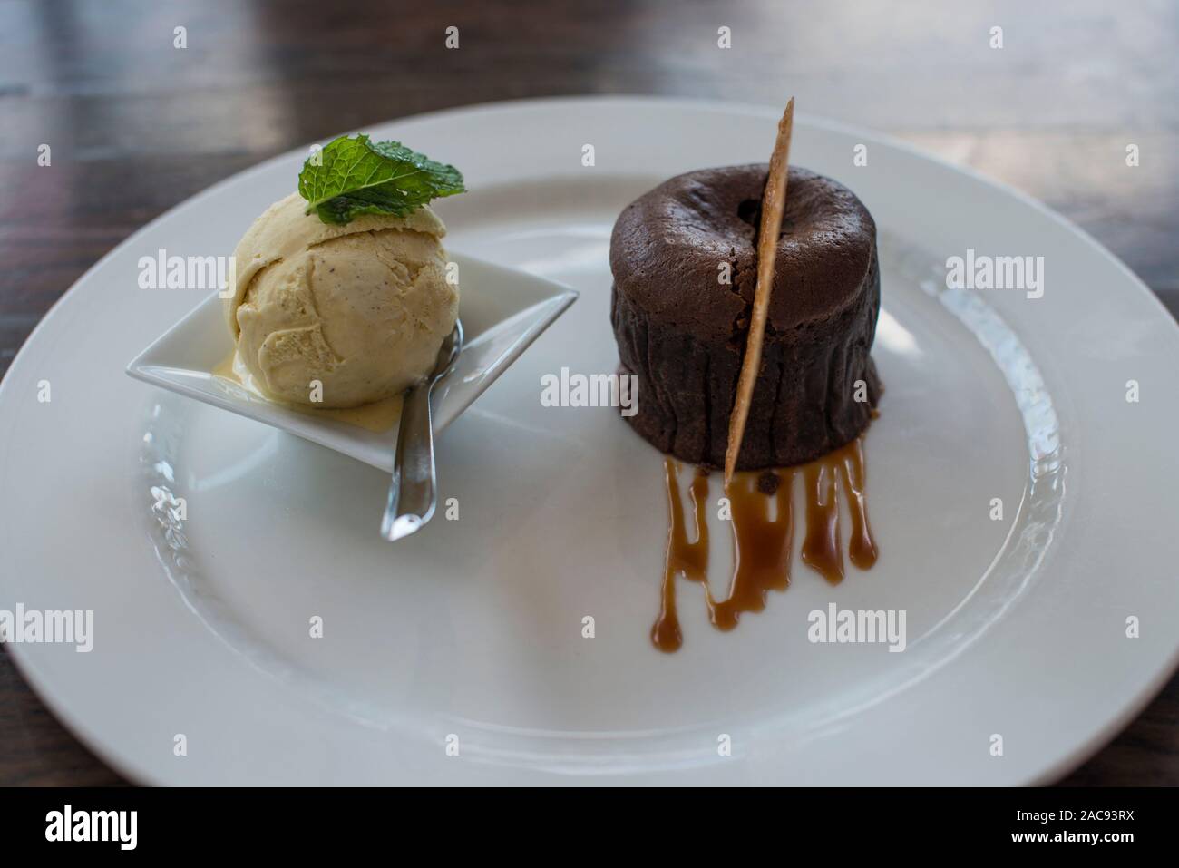Chocolate pudding and ice cream Stock Photo