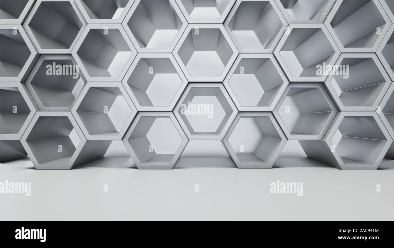 Empty white interior with hexagon shelves on the wall, 3D rendering ...