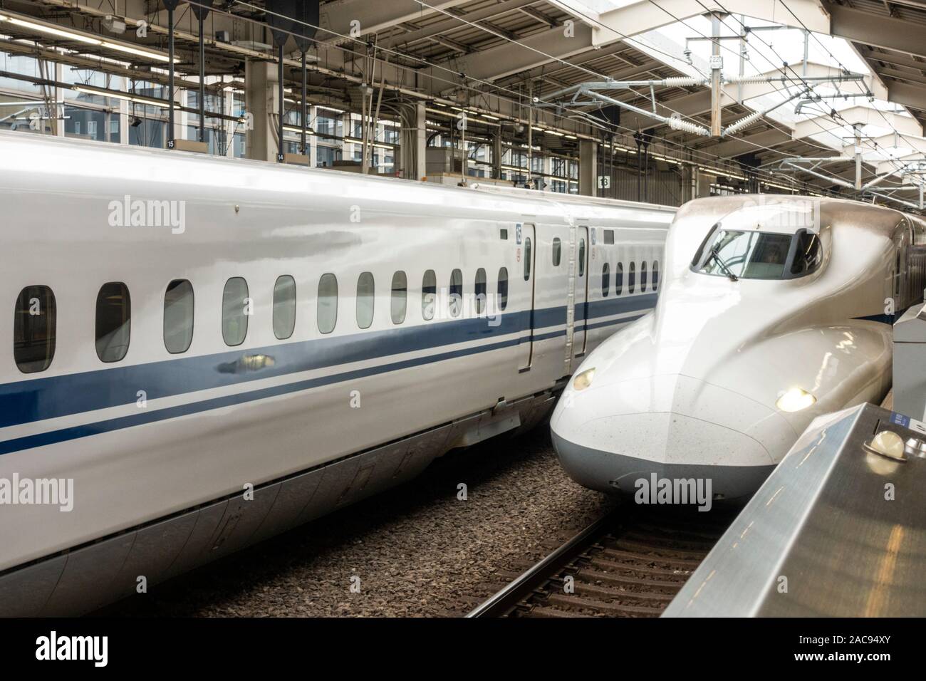 Japanese Bullet Train or Shinkansen arriving at Osaka Station Stock Photo