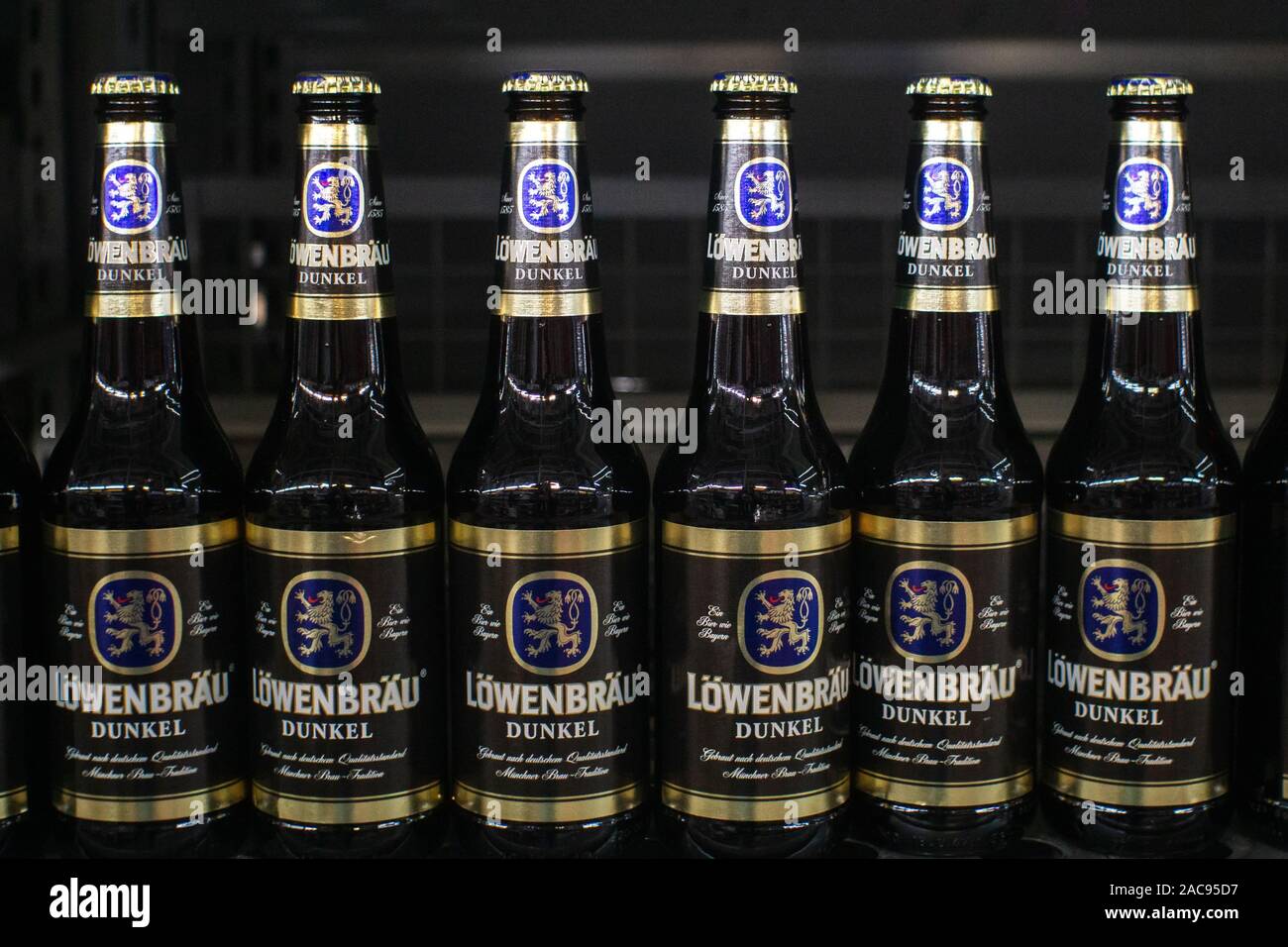 Tyumen, Russia-November 05, 2019: Lowenbrau black beer in bottles, on the shelves of the hypermarket metro cash and carry Stock Photo