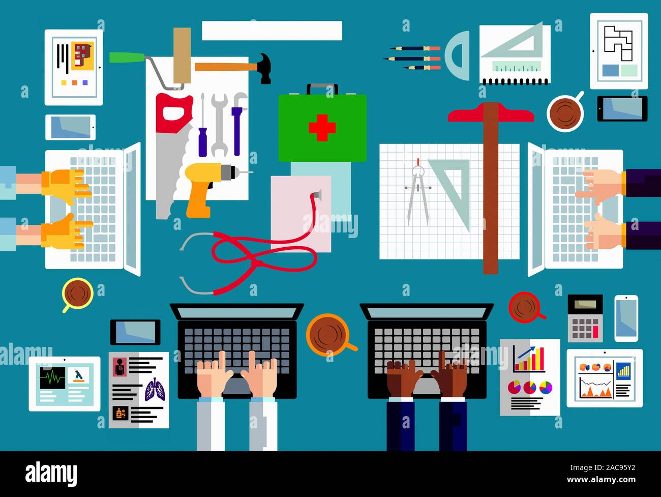 Overhead view of different occupations using computer technology Stock