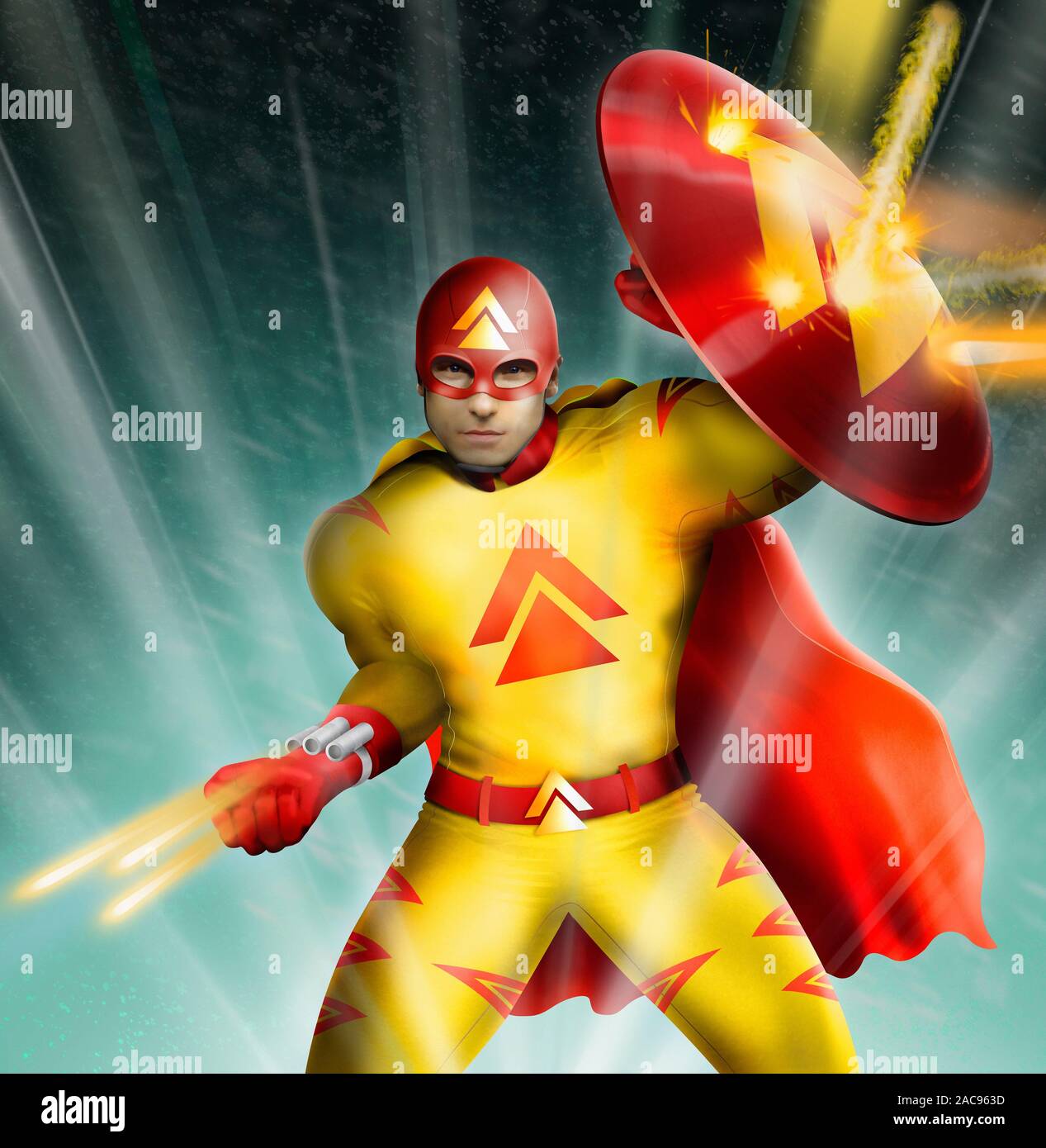 Science fiction superhero in fight with laser guns Stock Photo - Alamy
