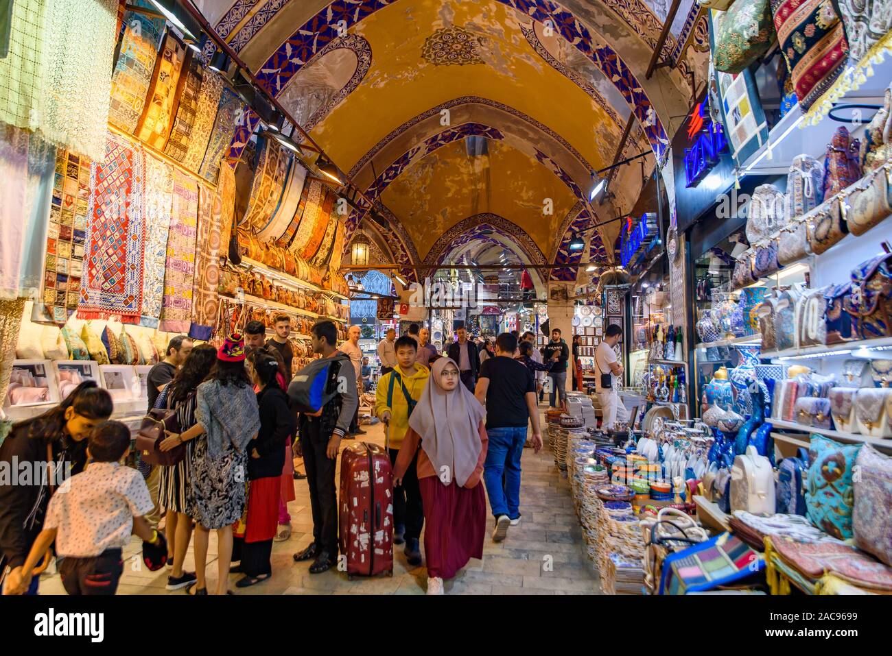 Shops inside Grand Bazaar in Istanbul, Turkey, one of the largest and