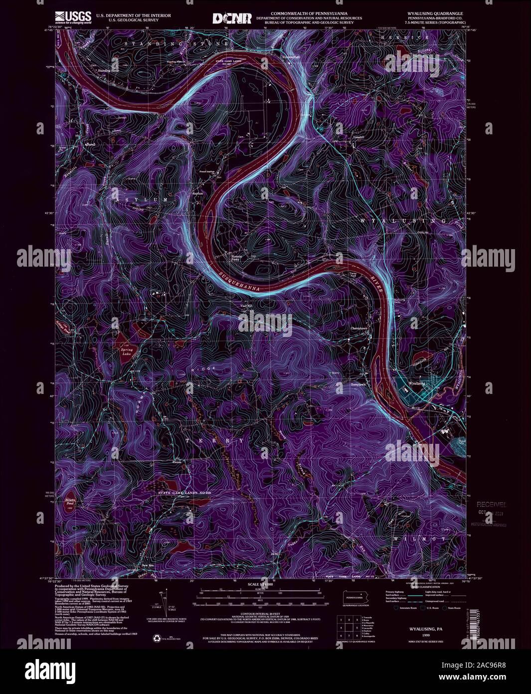 USGS TOPO Map Pennsylvania PA Wyalusing 223694 1999 24000 Inverted Restoration Stock Photo