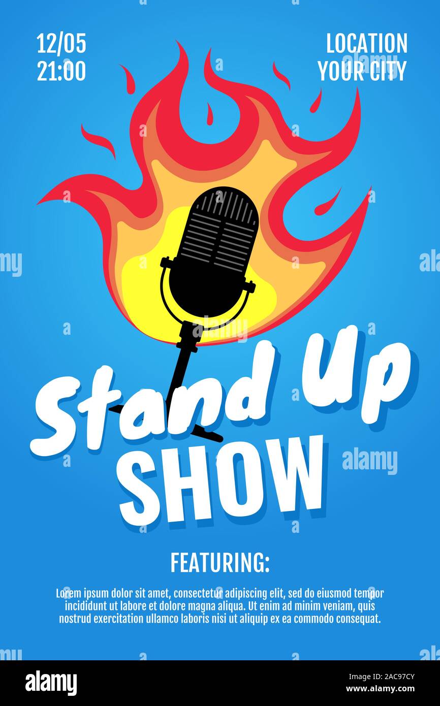 Stand up comedy night live show A3 A4 poster design template. Standup microphone with fire on blue background. Hot jokes roast concept flyer. Vector open stage mic event illustration Stock Vector