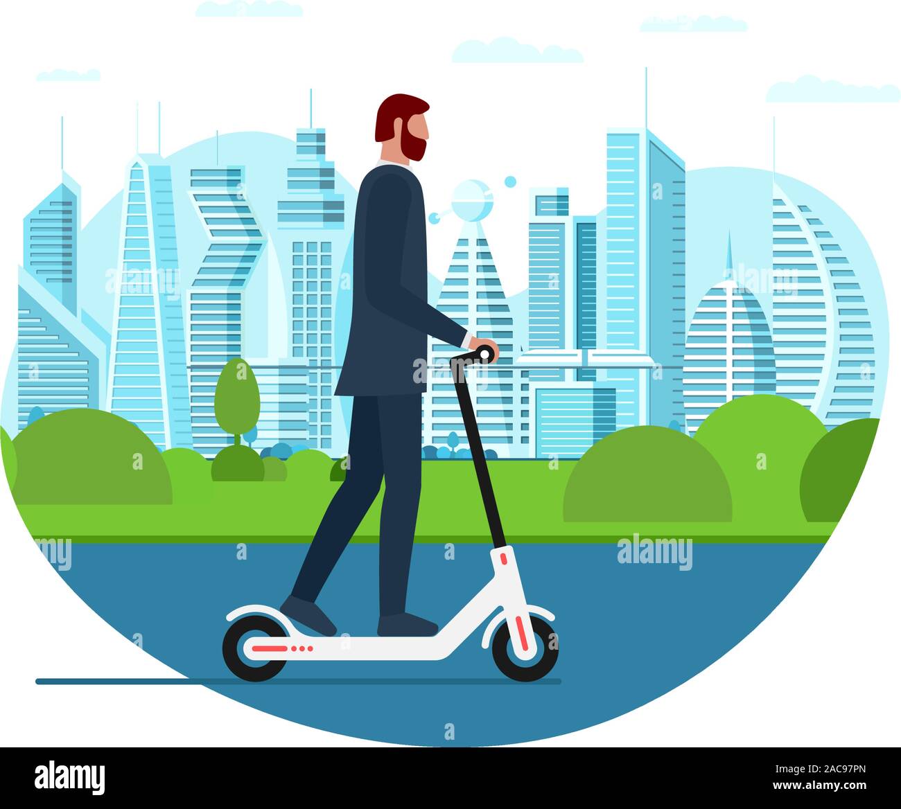 Businessman riding electric kick scooter. Activity lifestyle moving concept on big city street. Vector illustration innovative active mobility hipster modern millennial manager on metropolis cityscape Stock Vector