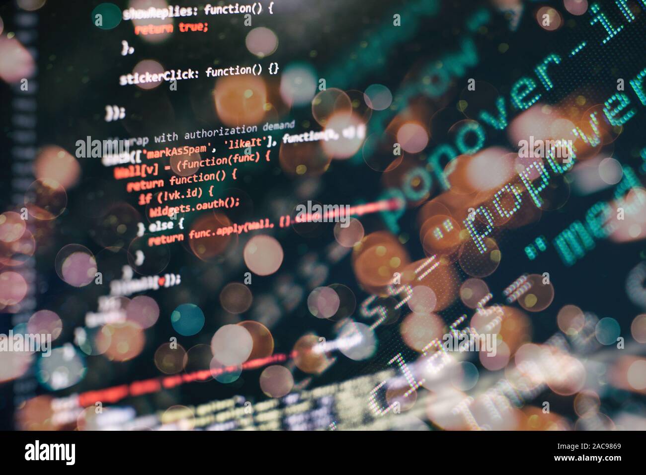 Monitor closeup of function source code.Writing programming functions on laptop. Big data and Internet of things trend. Stock Photo