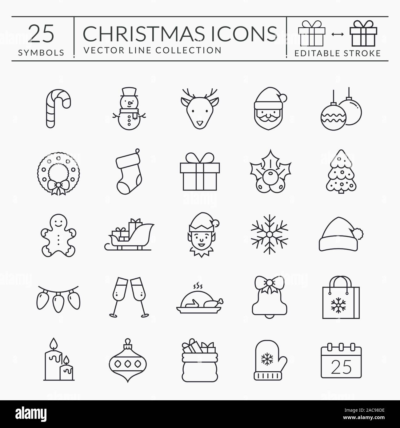 Christmas and New Year web icon set. Outline vector collection for winter holiday themes. Black symbols isolated on white background. Editable stroke. Stock Vector