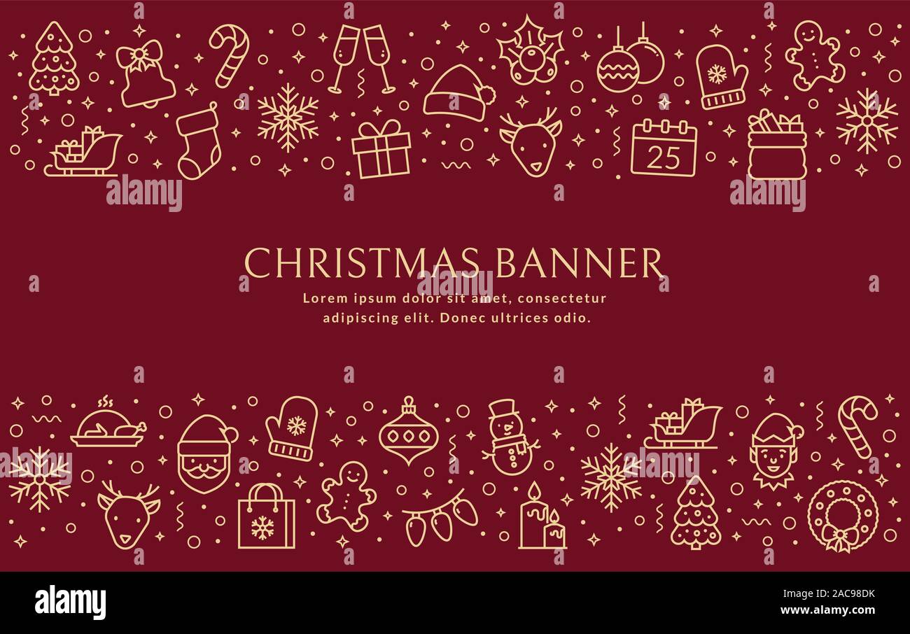 Christmas banner with outline icons. Vector background with line symbols and copy space for your text. Horizontal greeting card for winter holidays. Stock Vector