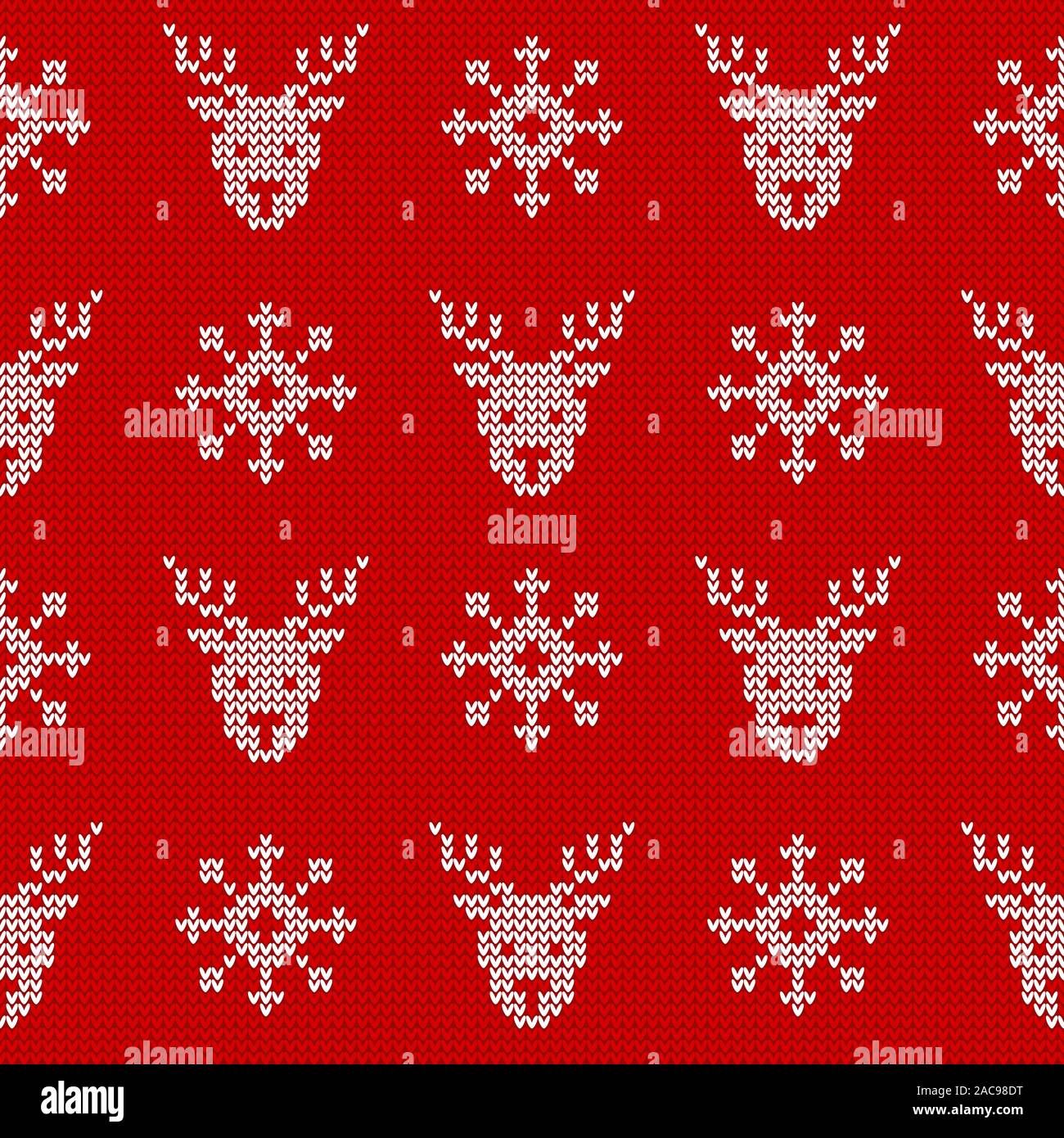 Knitted seamless pattern with deers and snowflakes. Vector background. Red and white sweater ornament for Christmas or winter design. Stock Vector