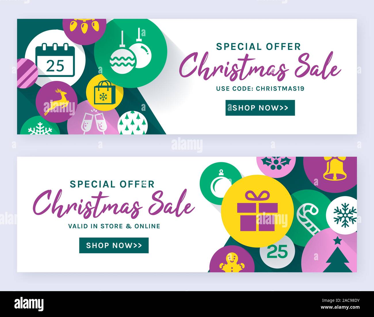 Christmas sale banners. Vector web templates. Horizontal labels set for holidays discounts and online shopping offers. Stock Vector