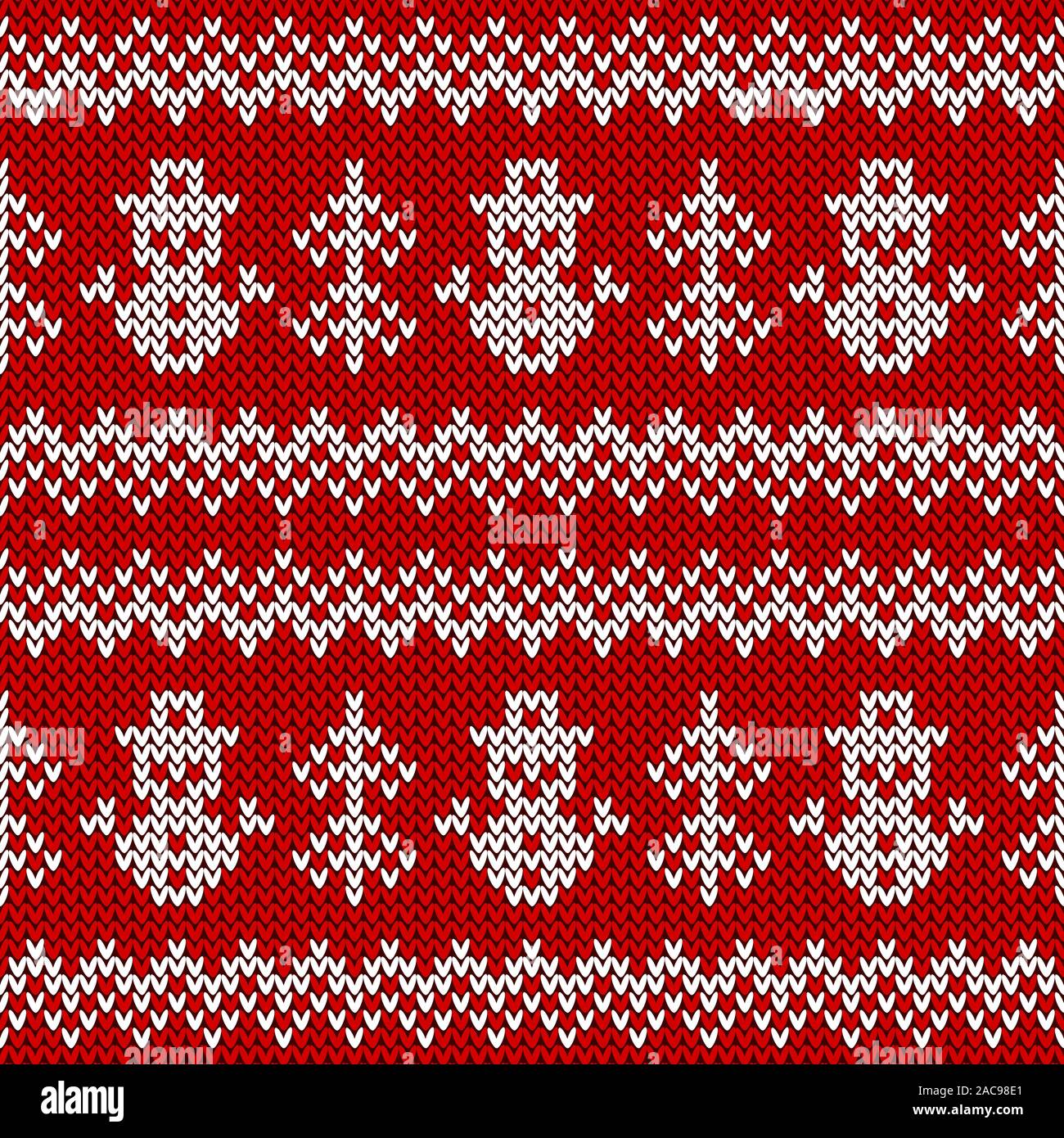 Knitted seamless pattern with snowmen and Christmas trees. Vector background. Red and white sweater ornament for winter holidays design. Stock Vector