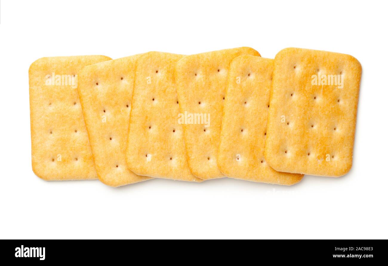 Cracker biscuits isolated on white background. Top view, flat lay Stock Photo