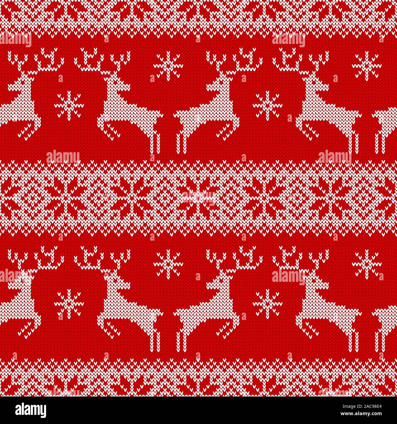 Knitted seamless pattern with deers, snowflakes and scandinavian ornament. Red and white sweater background for Christmas or winter design. Vector. Stock Vector