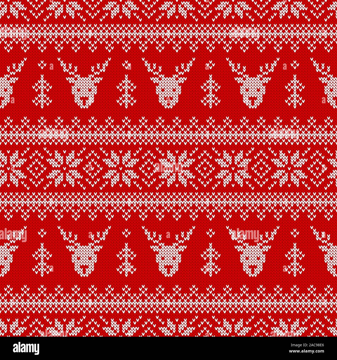 Knitted seamless pattern with deers, Christmas trees and scandinavian ornament. Red and white sweater background for winter holidays design. Vector. Stock Vector