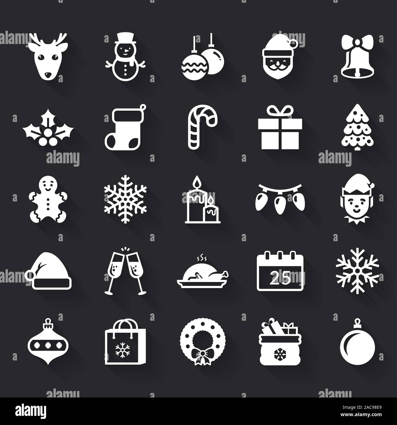 Christmas and New Year white flat icons. Winter holiday set: Santa, Elf, snowman, gingerbread cookie, Christmas tree, snowflakes, deer, gifts. Vector Stock Vector