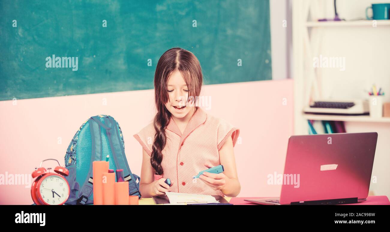 Digital World Back To School Online Education Childhood Study Online Drawing Lesson Knowledge Day Small Girl Pupil With Laptop Draw Picture Wit Stock Photo Alamy