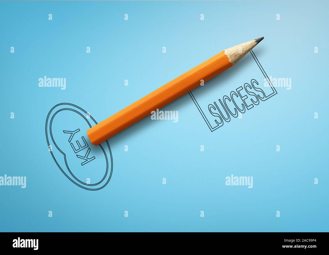 Key to success concept, drawn key with pencil on blue Stock Photo