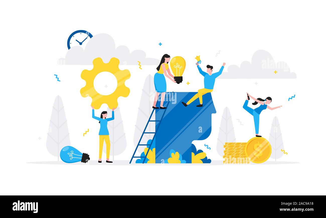 Teamwork concept with tiny people characters working together with big ...