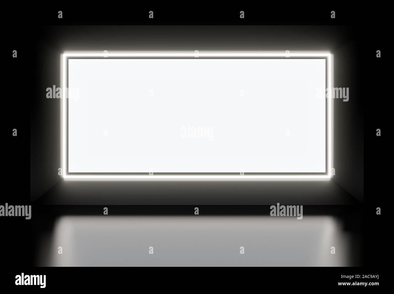 Neon white sign on a black background with a black mirror floor by