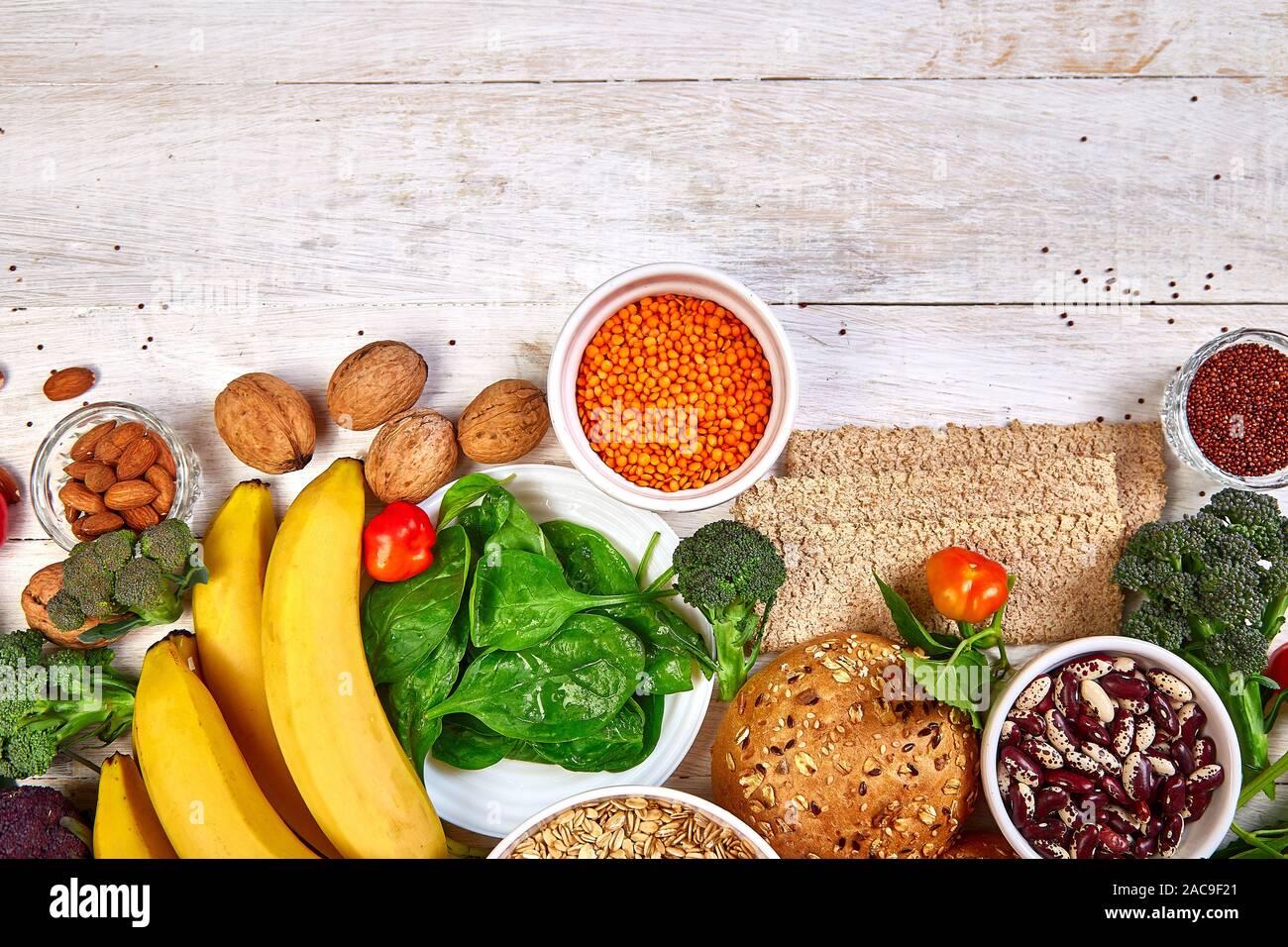 Highty Food High Fiber Foods on white wooden background, Healthy balanced dieting ...
