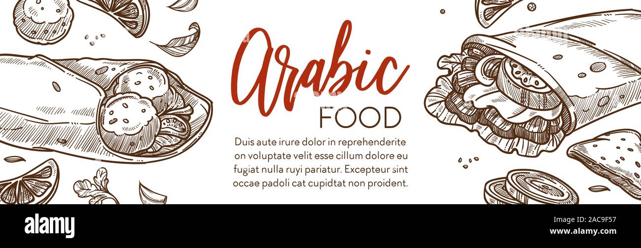 Restaurant Menu Of Arabic Food Sketch Banner Middle East Cuisine
