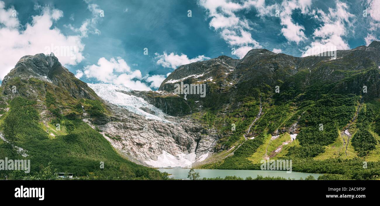Jostedalsbreen National Park, Sogn Og Fjordane County, Norway. Boyabreen Glacier Landscape In Spring Sunny Day. Famous Norwegian Landmark And Popular Stock Photo
