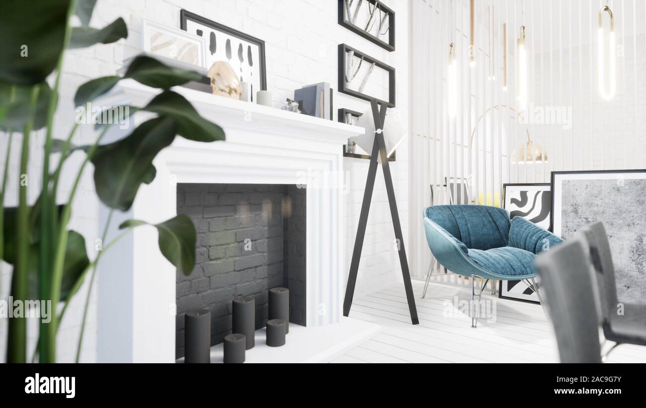 Modern design living room interior in Scandinavian style . 3D rendering ...