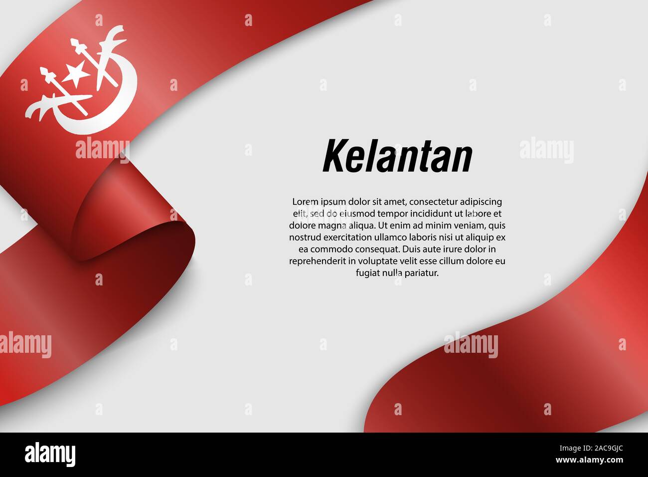 Waving ribbon or banner with flag of Kelantan. State of Malaysia. Template for poster design