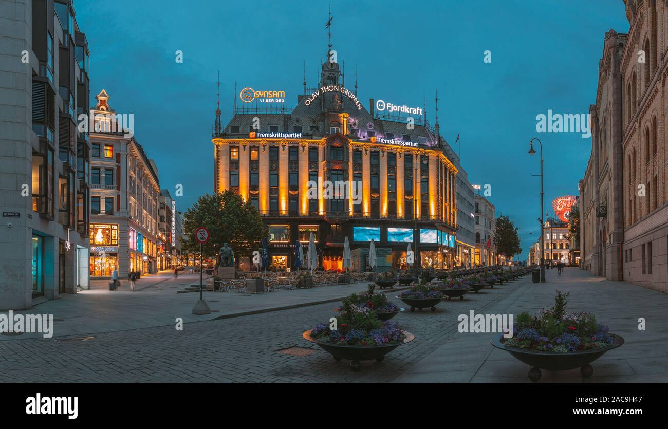 Oslo, Norway - June 24, 2019: Night View Of Karl Johans Street. Famous And Popular Place In Summer Evening. Panorama, Panoramic View. Stock Photo