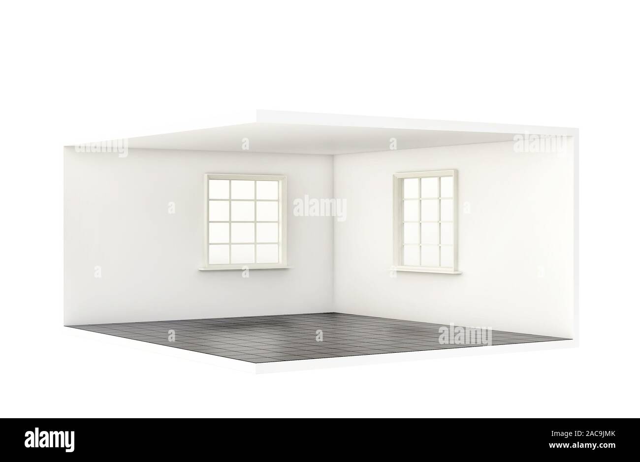 Empty room with two windows and black floor. 3d render Stock Photo