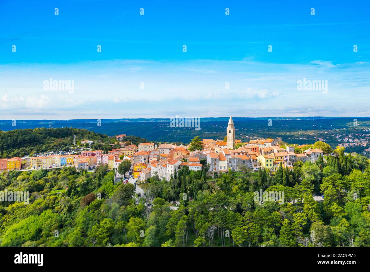 Town of Labin in Istria, Croatia, old traditional houses and castle, view from drone Stock Photo