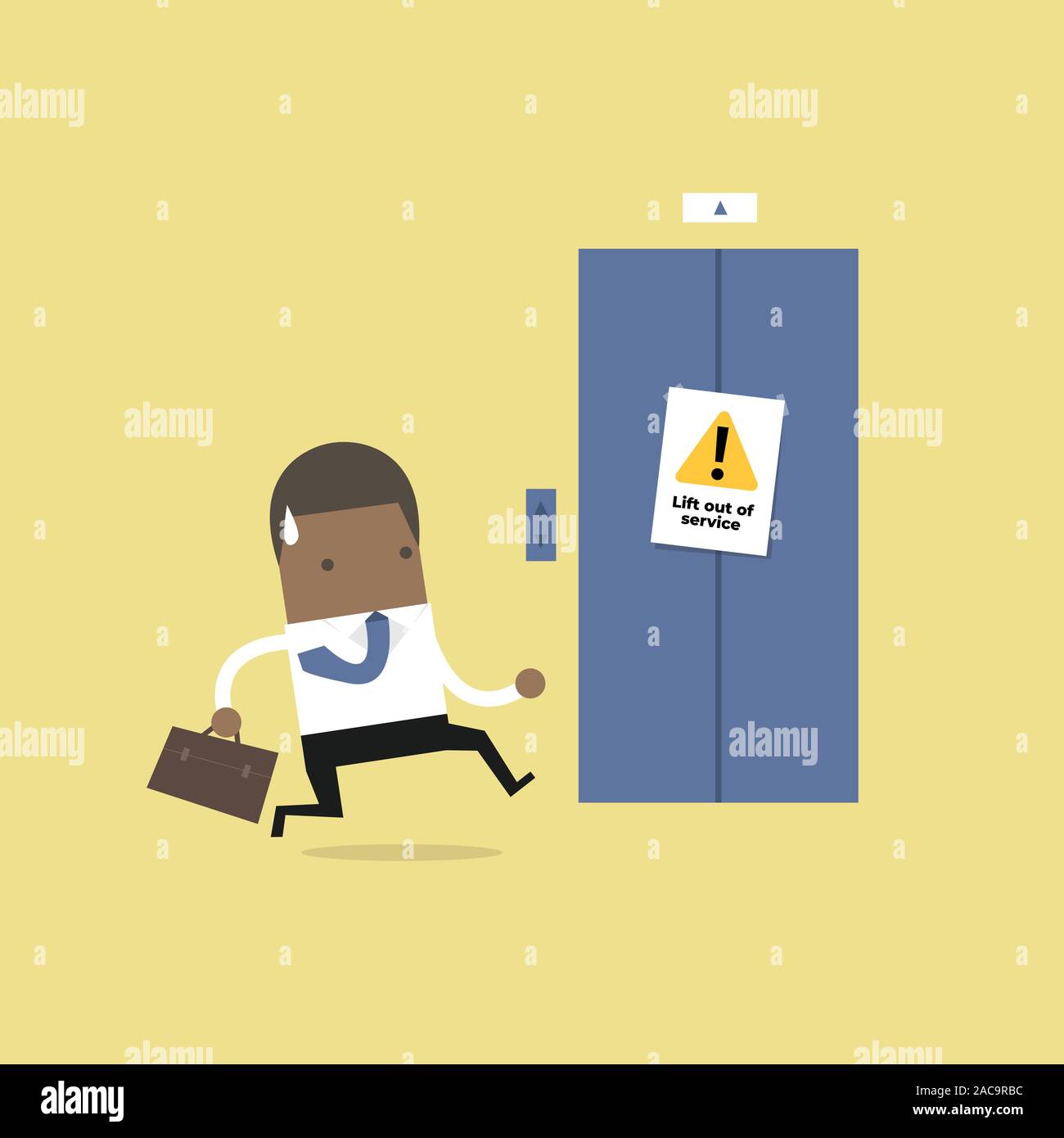 African businessman are running to the elevator. But the elevator is out of service. Stock Vector