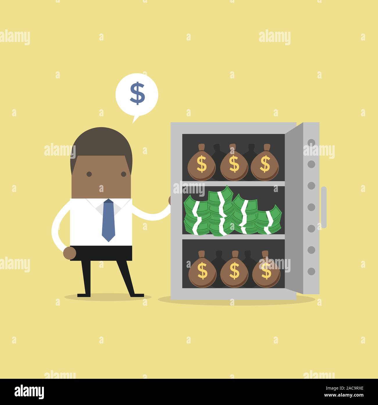African businessman with a lot of money bags and stacks of dollars in