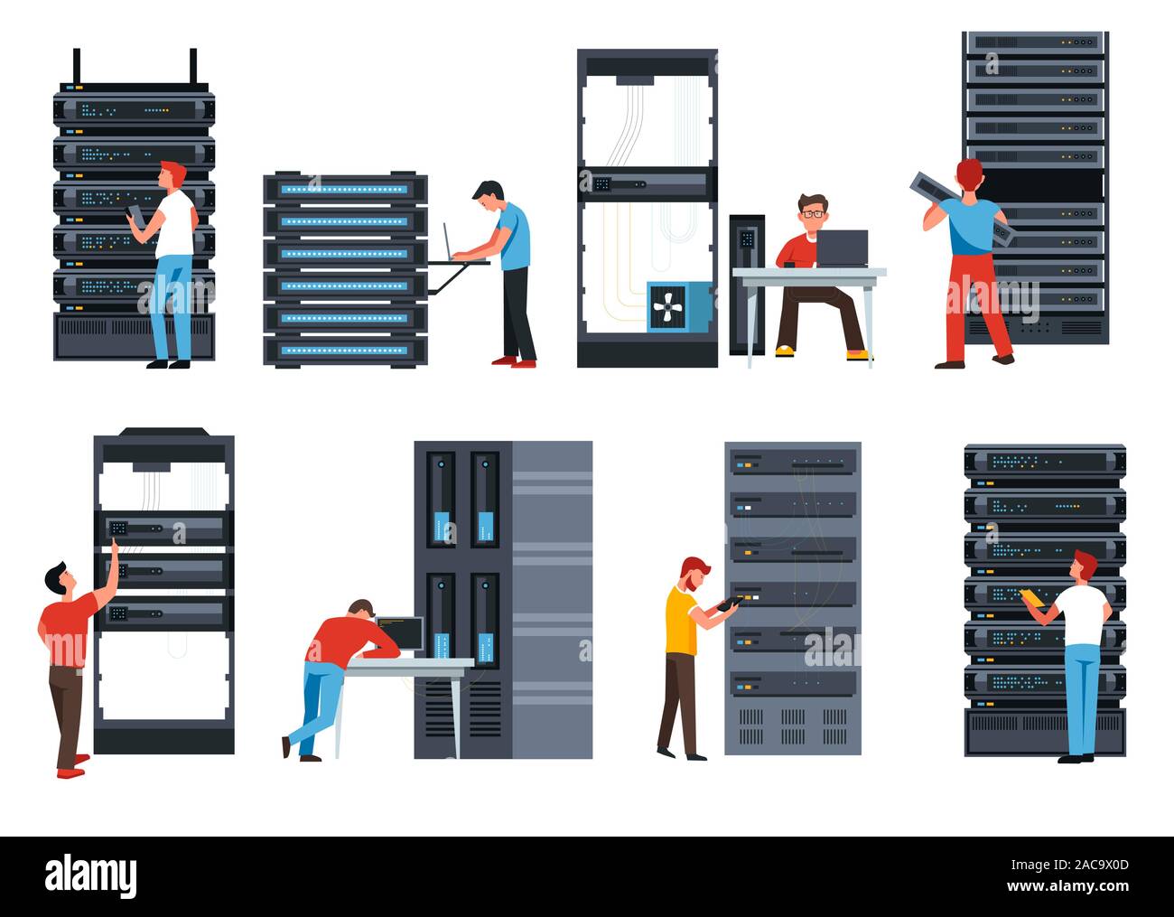 Server racks, digital information and data center isolated icons Stock Vector