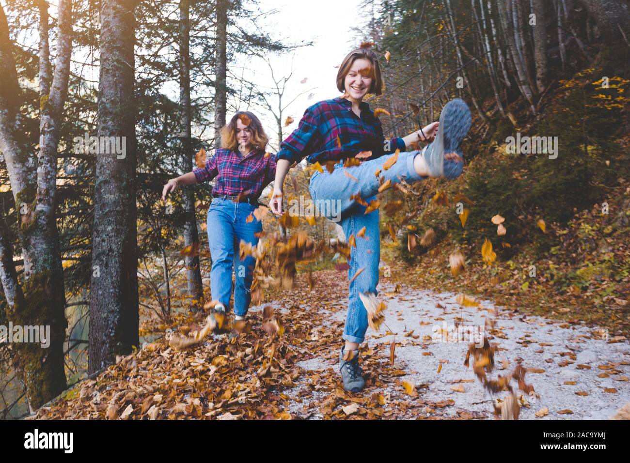 autumn fun. Two happy girls in the forest throw dry leaves Stock Photo ...