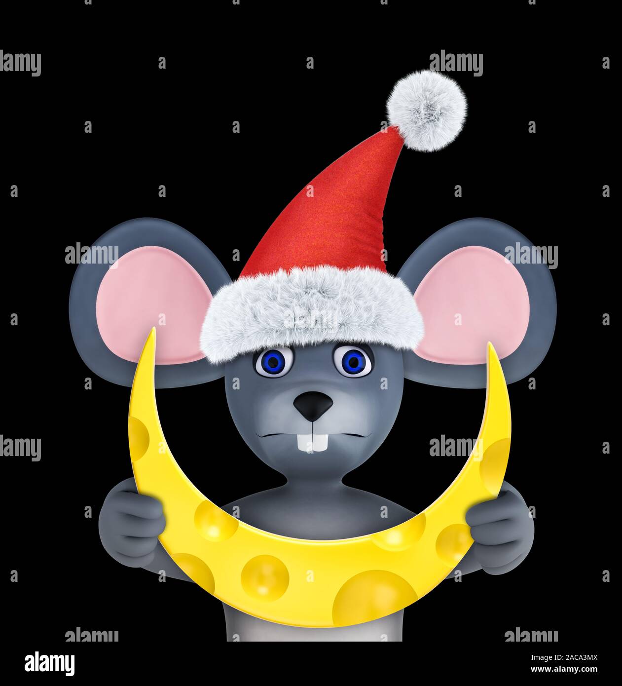 Happy new year 2020 greeting card with cute mouse and cheese isolated on black. Animal wildlife holidays cartoon character. 3d render. Stock Photo