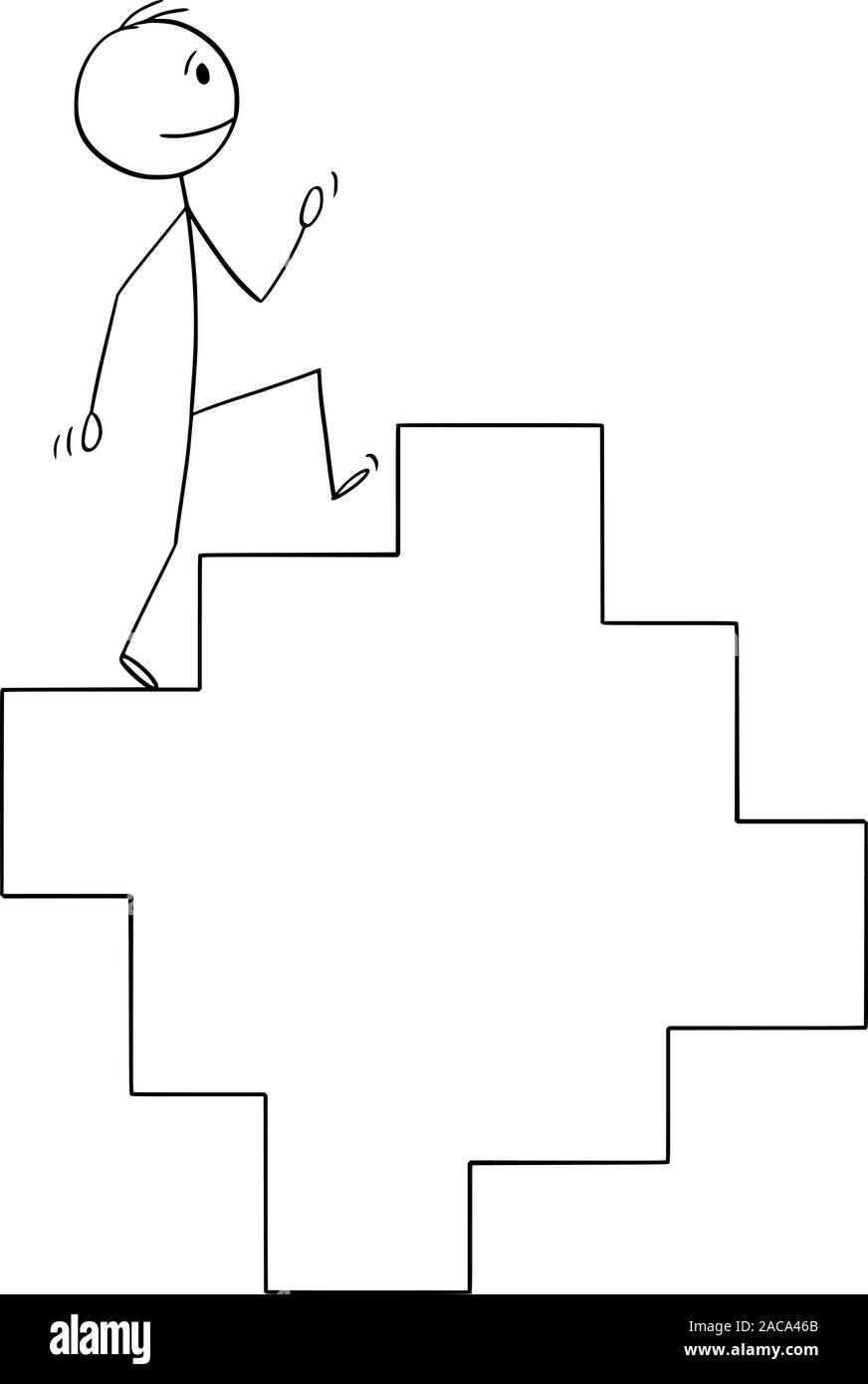 Vector cartoon stick figure drawing conceptual illustration of man or businessman walking on endless staircase, stairway or stairs in cycle. Stock Vector