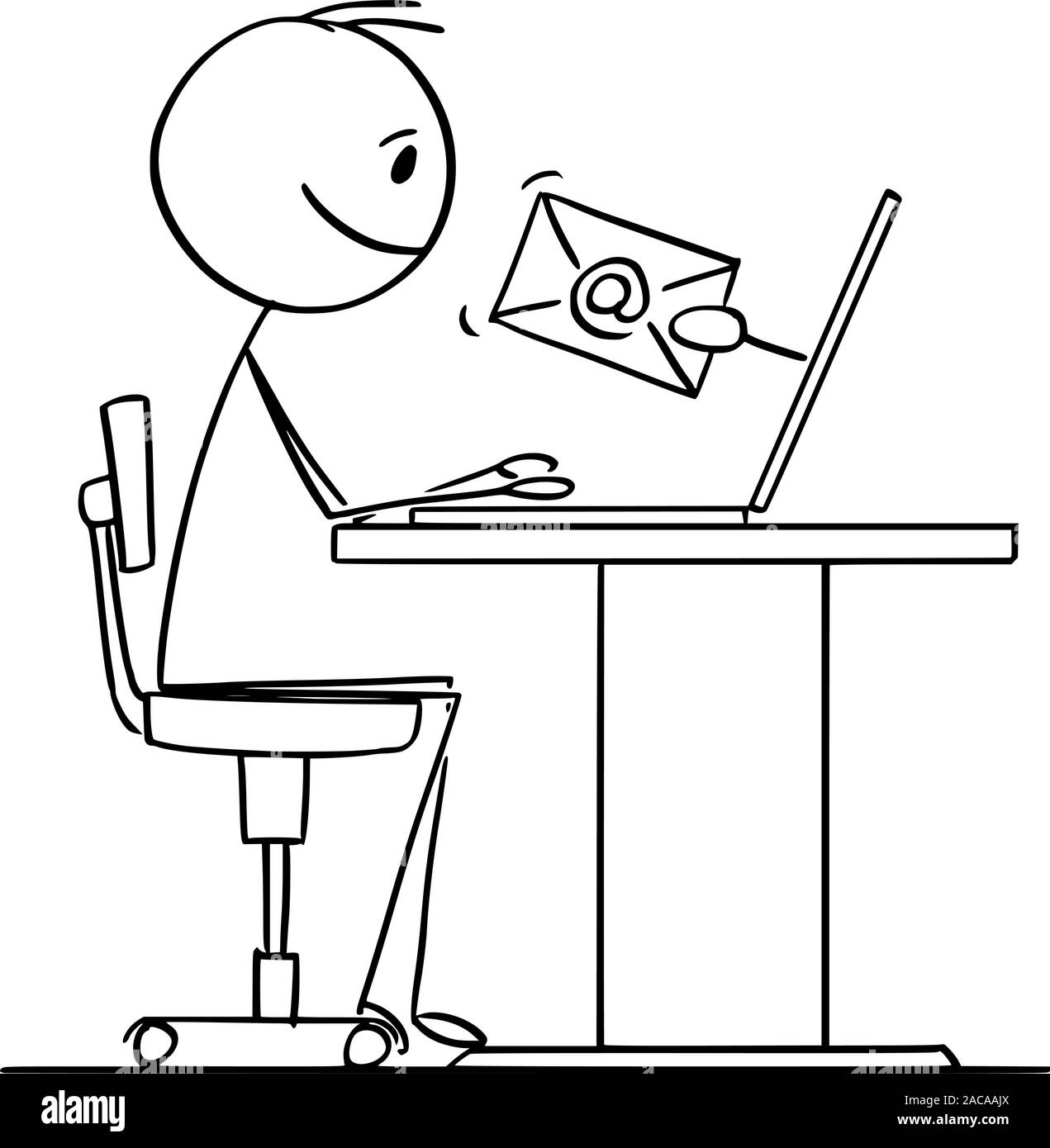 Vector cartoon stick figure drawing conceptual illustration of man or businessman working on computer and receiving email. Stock Vector