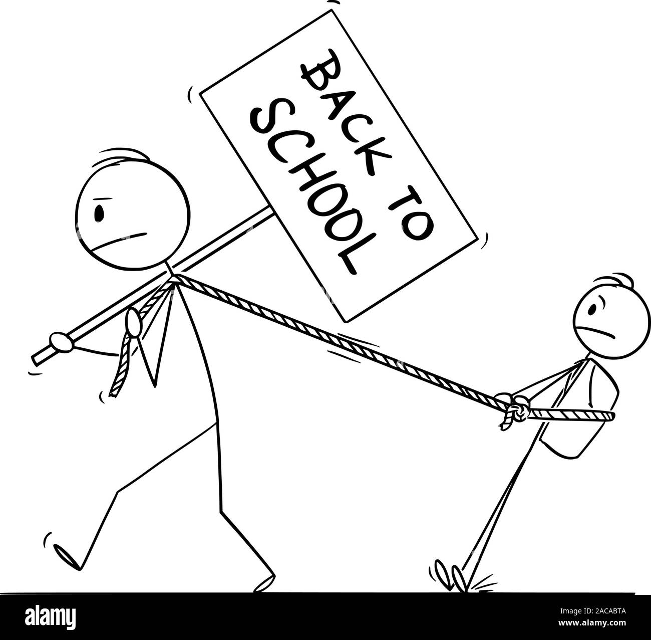 Vector cartoon stick figure drawing conceptual illustration of man dragging his son or boy or schoolboy in school after summer holidays. Stock Vector