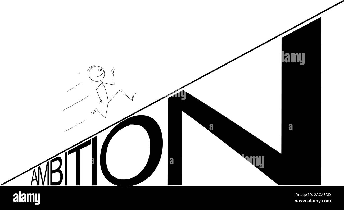 Vector cartoon stick figure drawing conceptual illustration of man or businessman running up the ambition hill. Career or business concept. Stock Vector