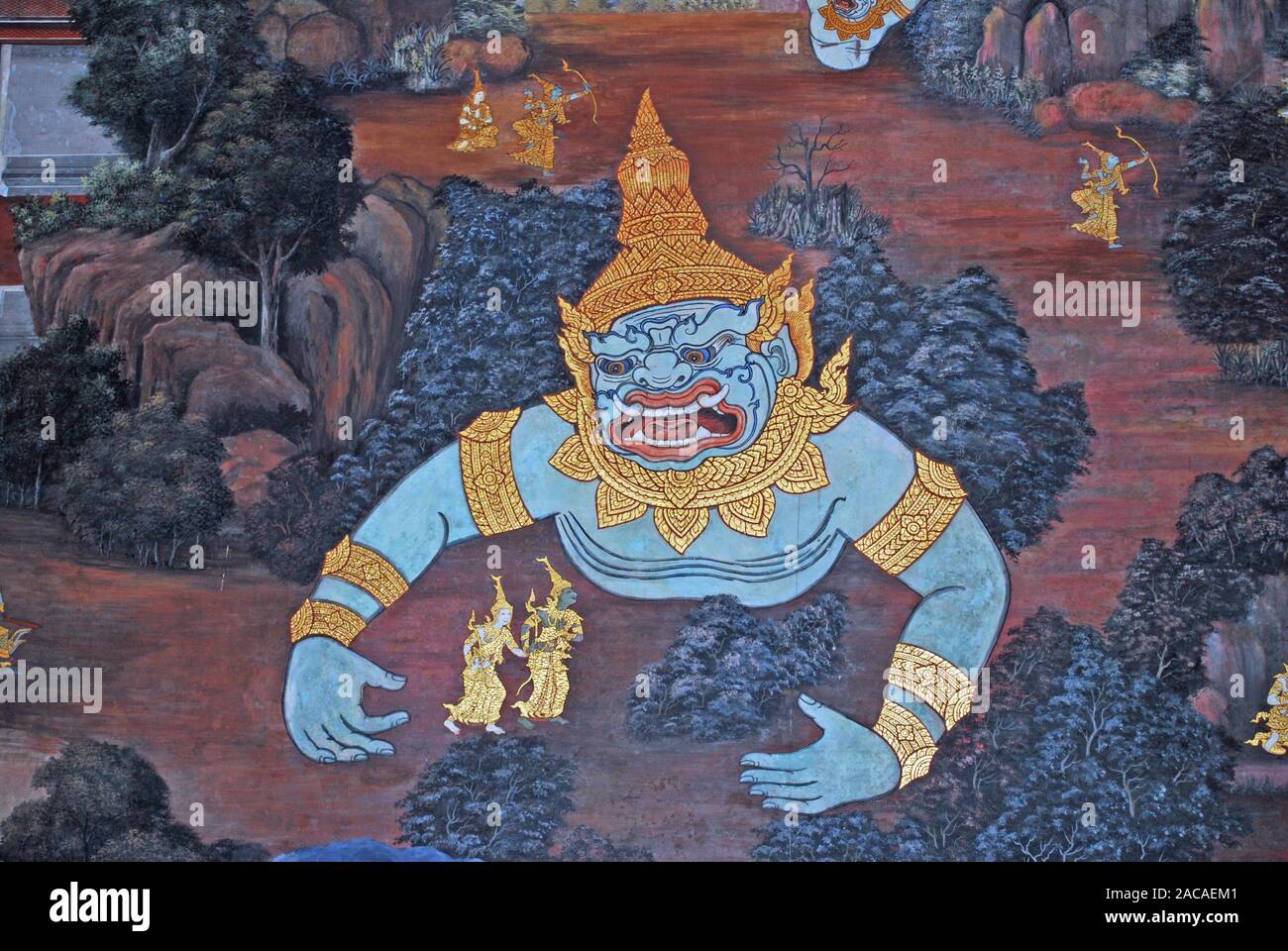 Restored wall paintings (Ramakia) in the Great Palace in Bangkok Stock Photo