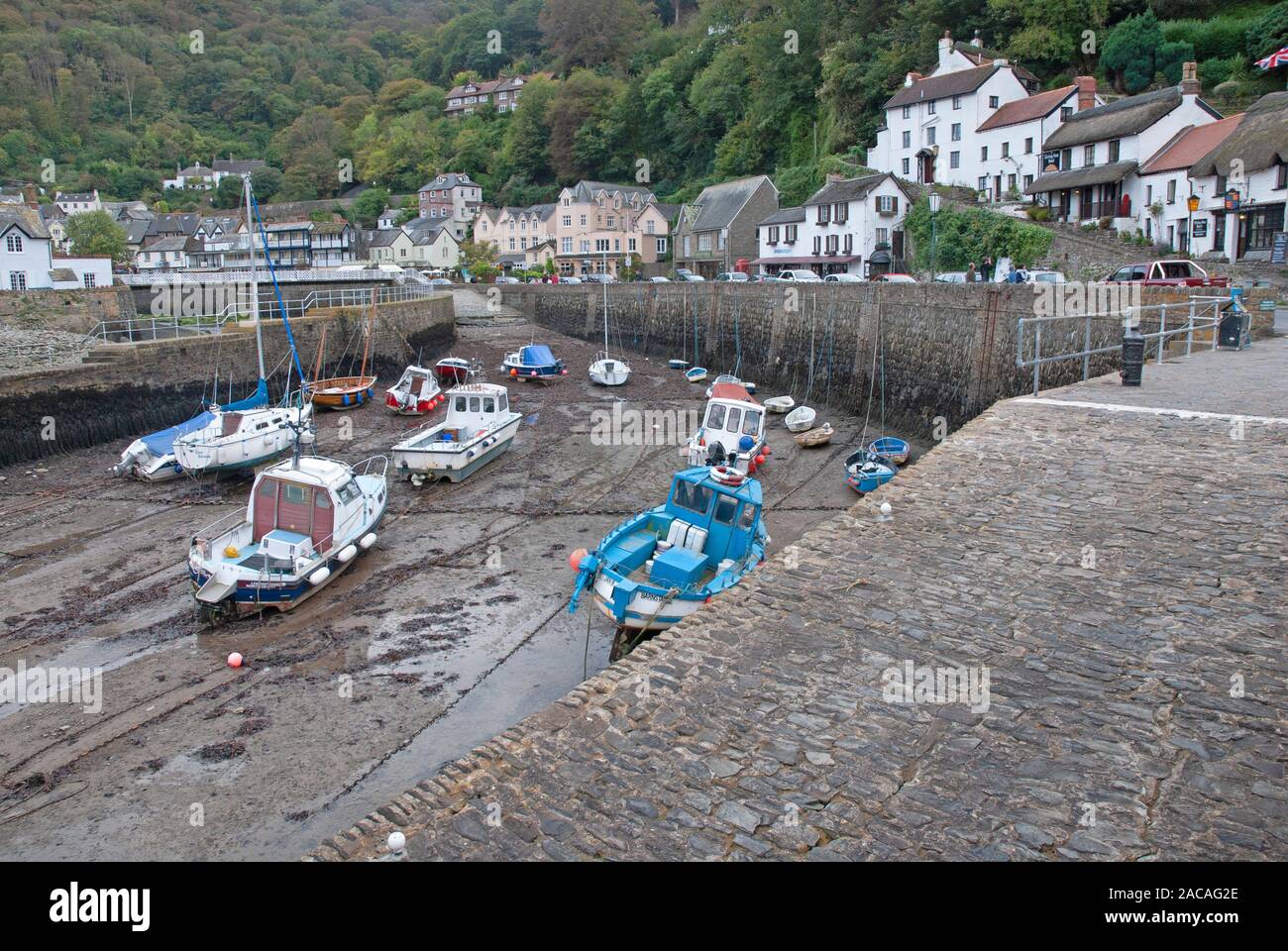 Boats moored in the harbour at low tide Lynmouth, Lynton near