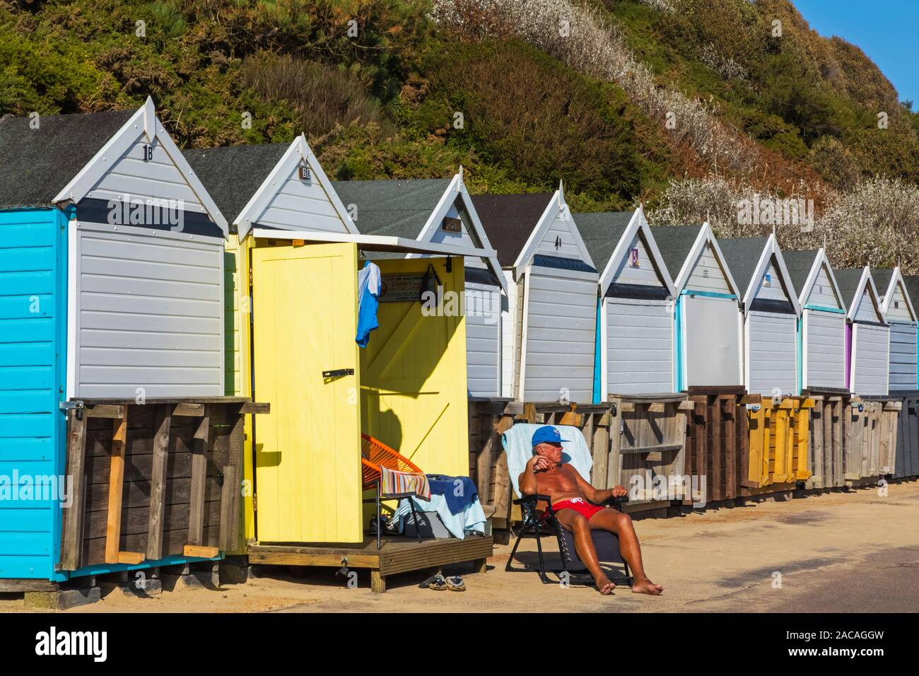 England, Dorset, Bournmouth, Bournmouth Beach, Colourful Beach Huts Stock Photo
