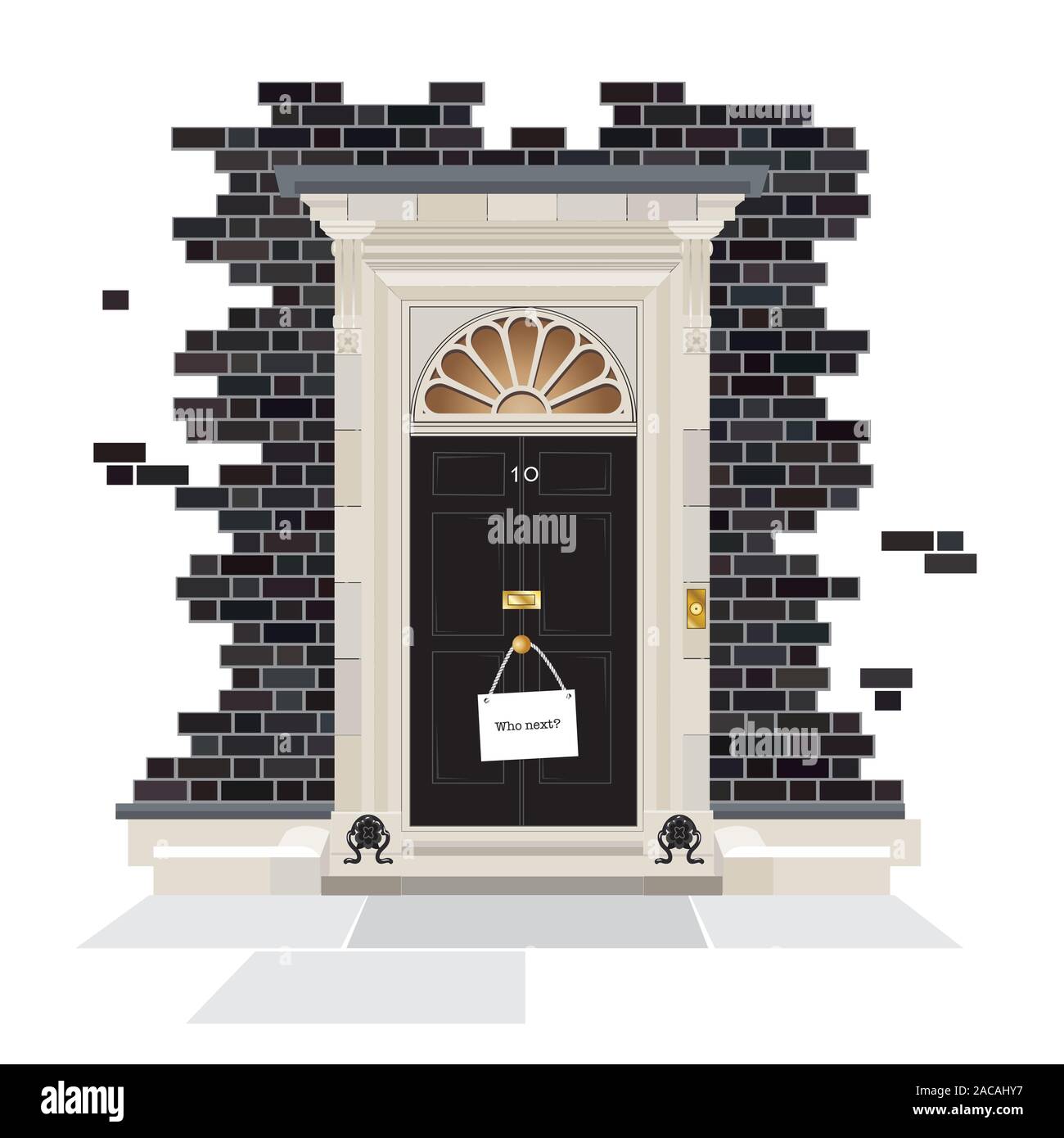 The exterior of Number 10 Downing Street. The official residence of the UK Prime Ministers since 1735, with sign hanging on door knob asking Who next? Stock Vector