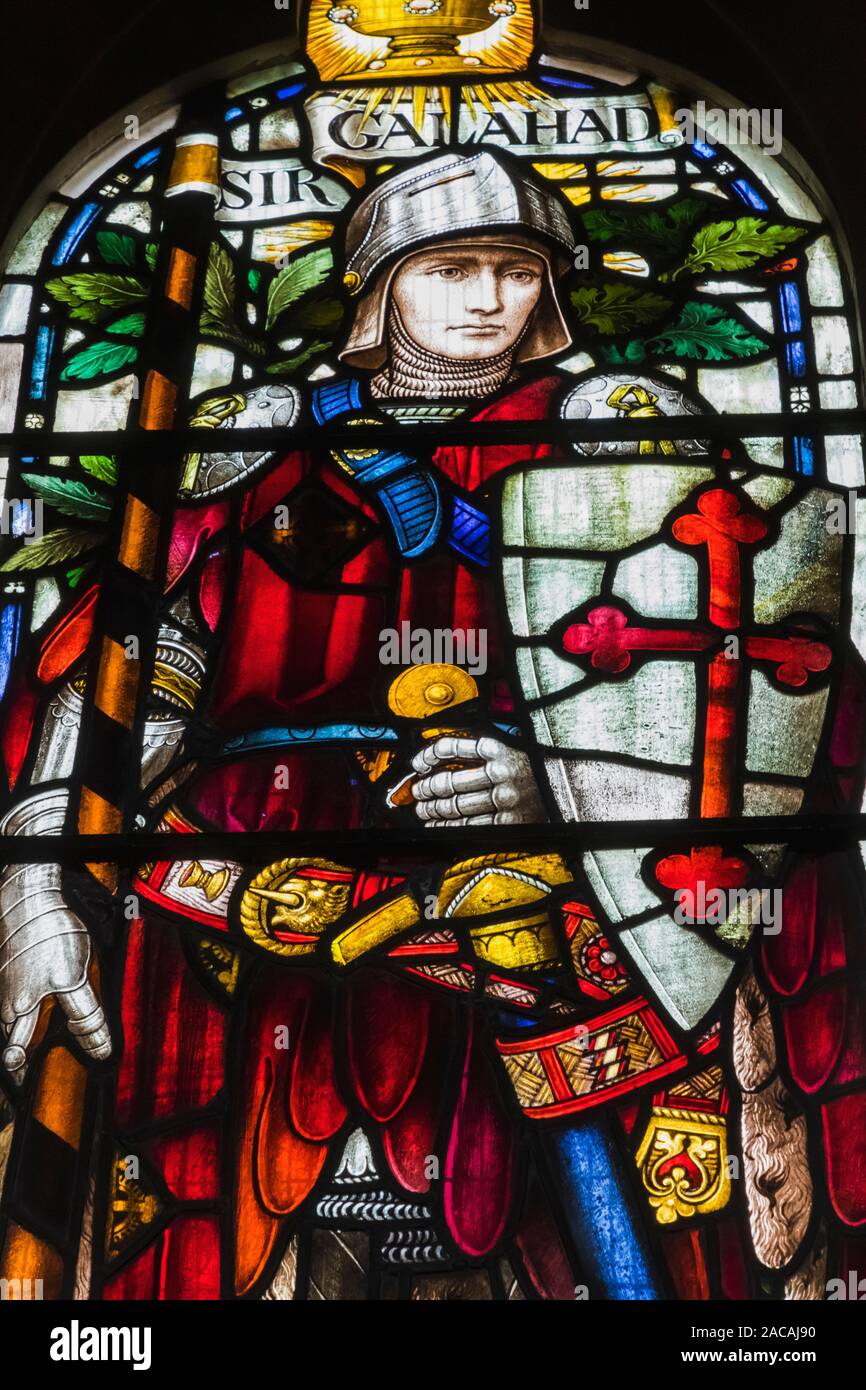 Stained glass window depicting knight hires stock photography and