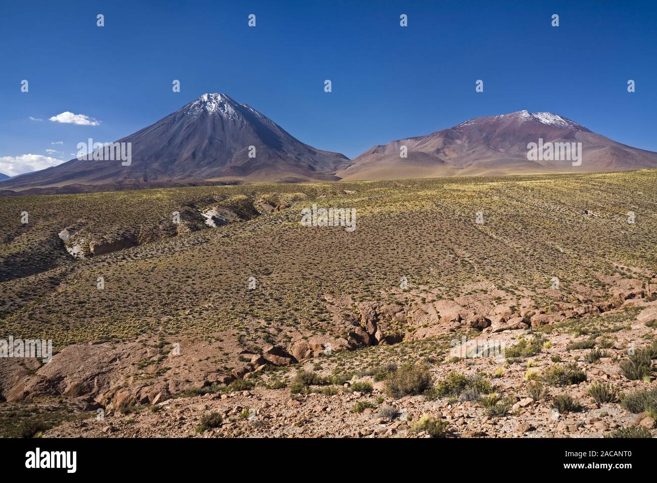 Desert landscape with the snowcapped volcano Licancabur, Paso de Jama, Argentina, Desert landscape with vulcan Licancabur, Altip Stock Photo
