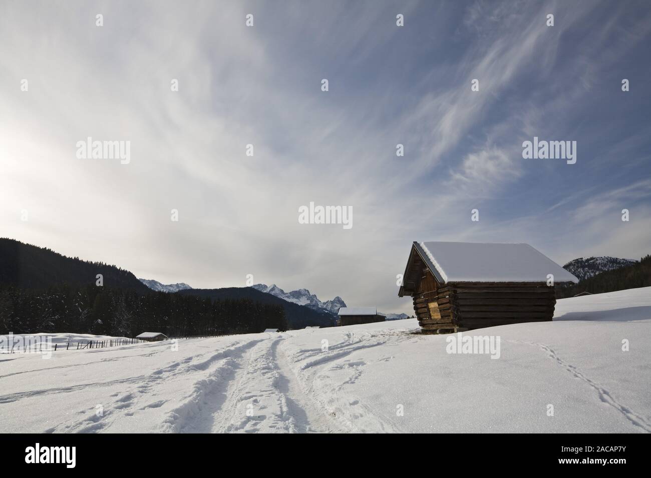 boatshouse at Kochelsee with fog, upper bavaria Stock Photo