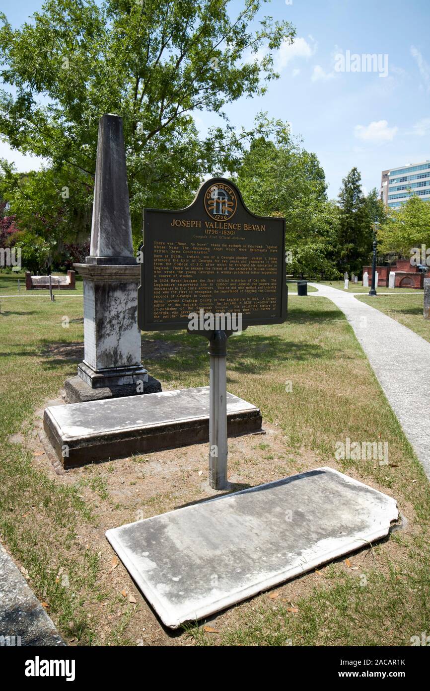 historical marker at grave of joseph vallence bevan colonial park cemetery savannah georgia usa Stock Photo